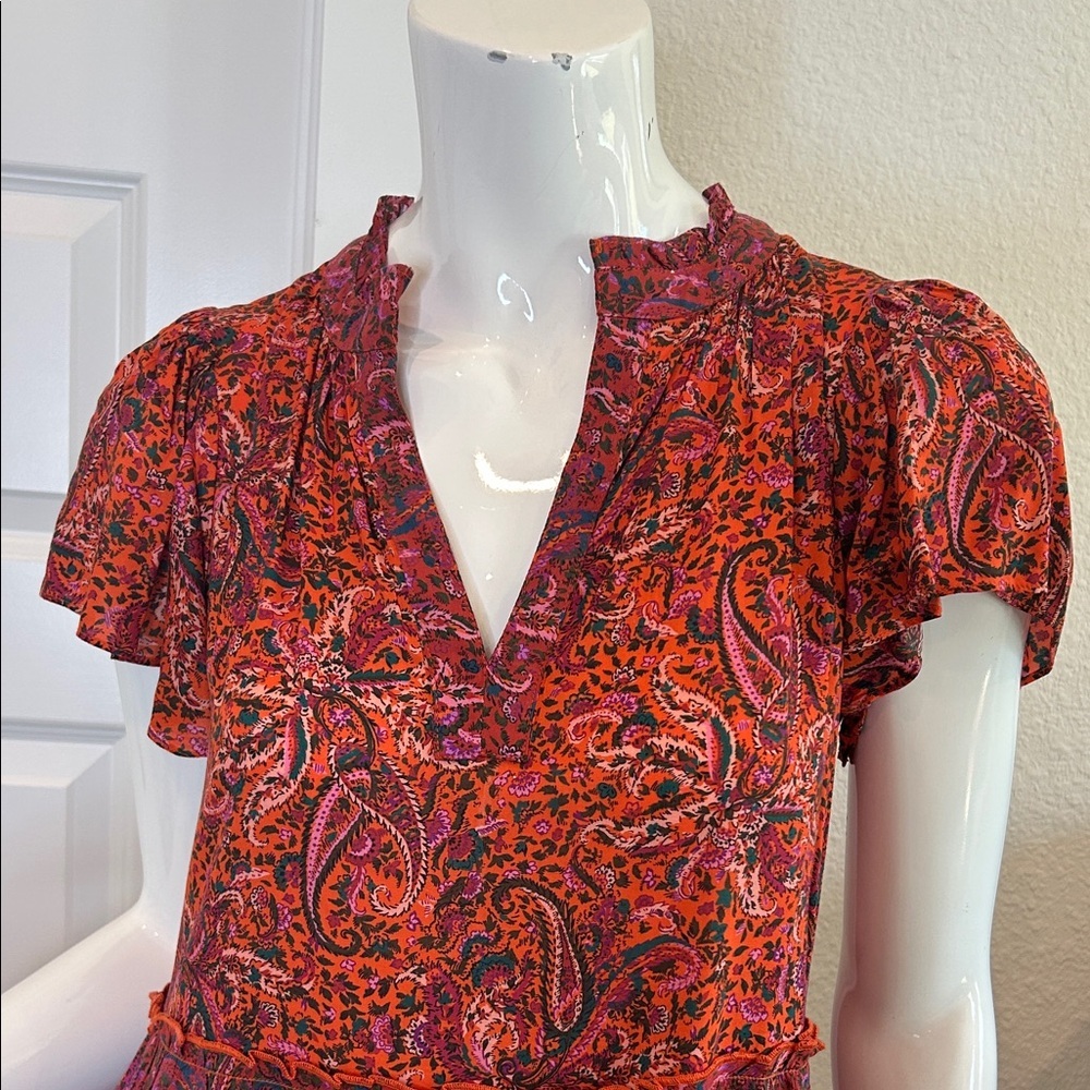 Paisley Tiered V-Neck Mini Dress in Red - Picture 2 of 12